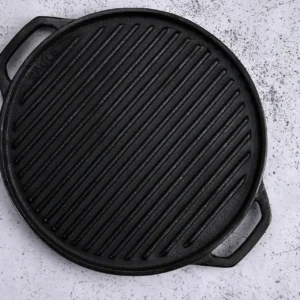 30 cm dual-sided heavy duty cast iron round grill pan with ribbed and smooth sides