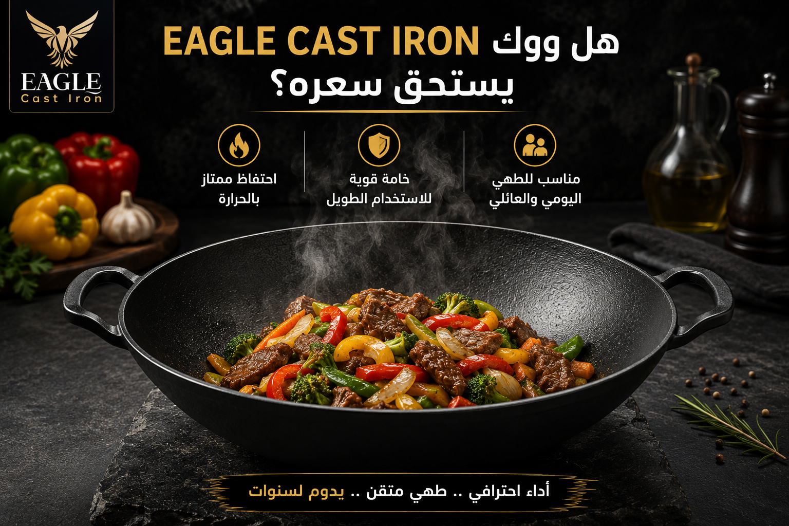 ووك حديد زهر من Eagle Cast Iron أثناء الطهي مع توضيح الاحتفاظ بالحرارة والمتانة والاستخدام اليومي والعائلي