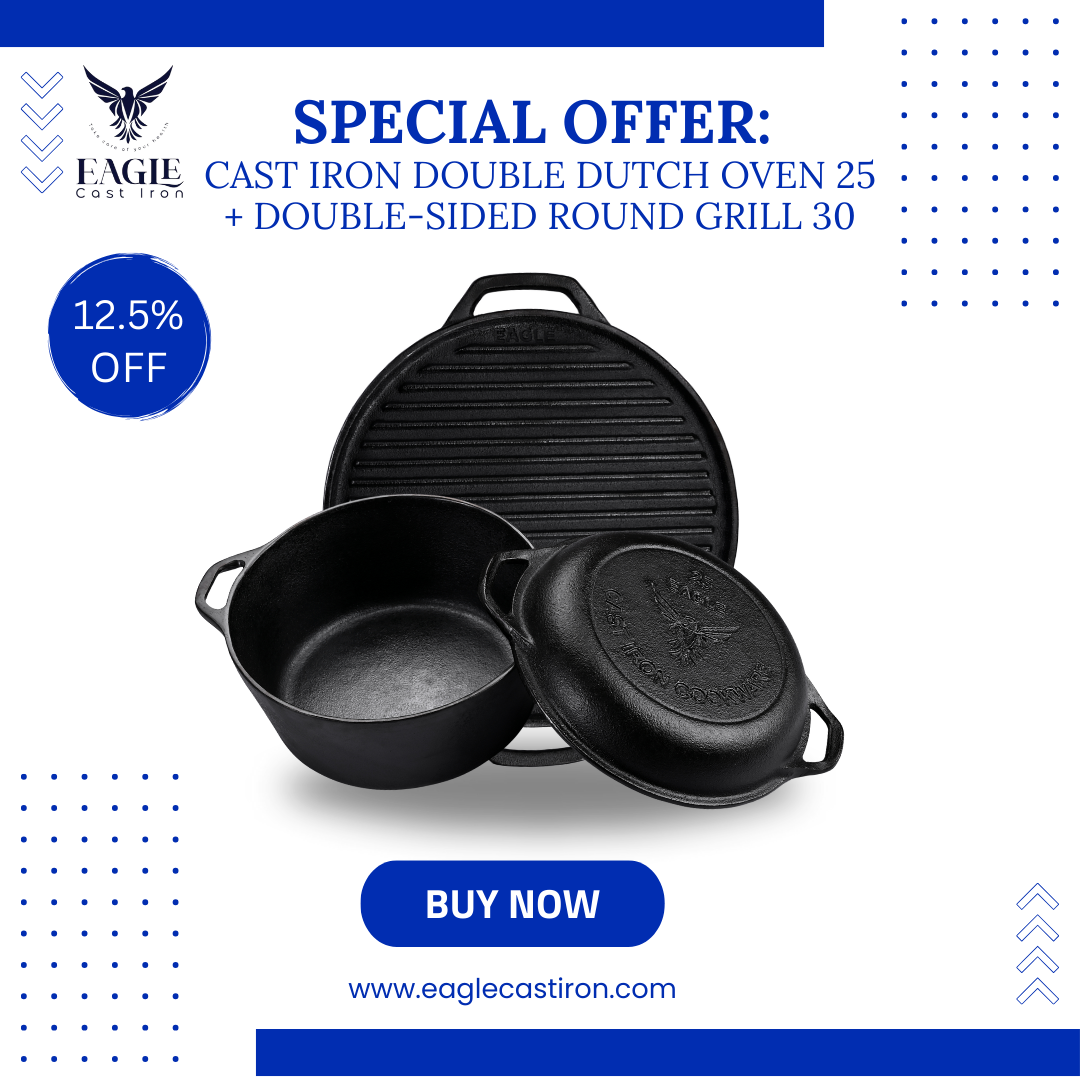 3-in-1 Cast Iron Offer – 25cm Dutch Oven with Skillet Lid + 30cm Double-Sided Grill – 12.5% OFF
