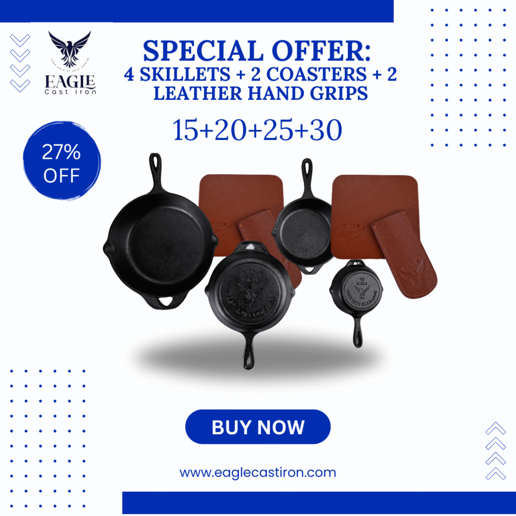 Cast Iron Pans Deals & Discounts: 4-Piece Set with Leather Handles & Coasters – 27% OFF