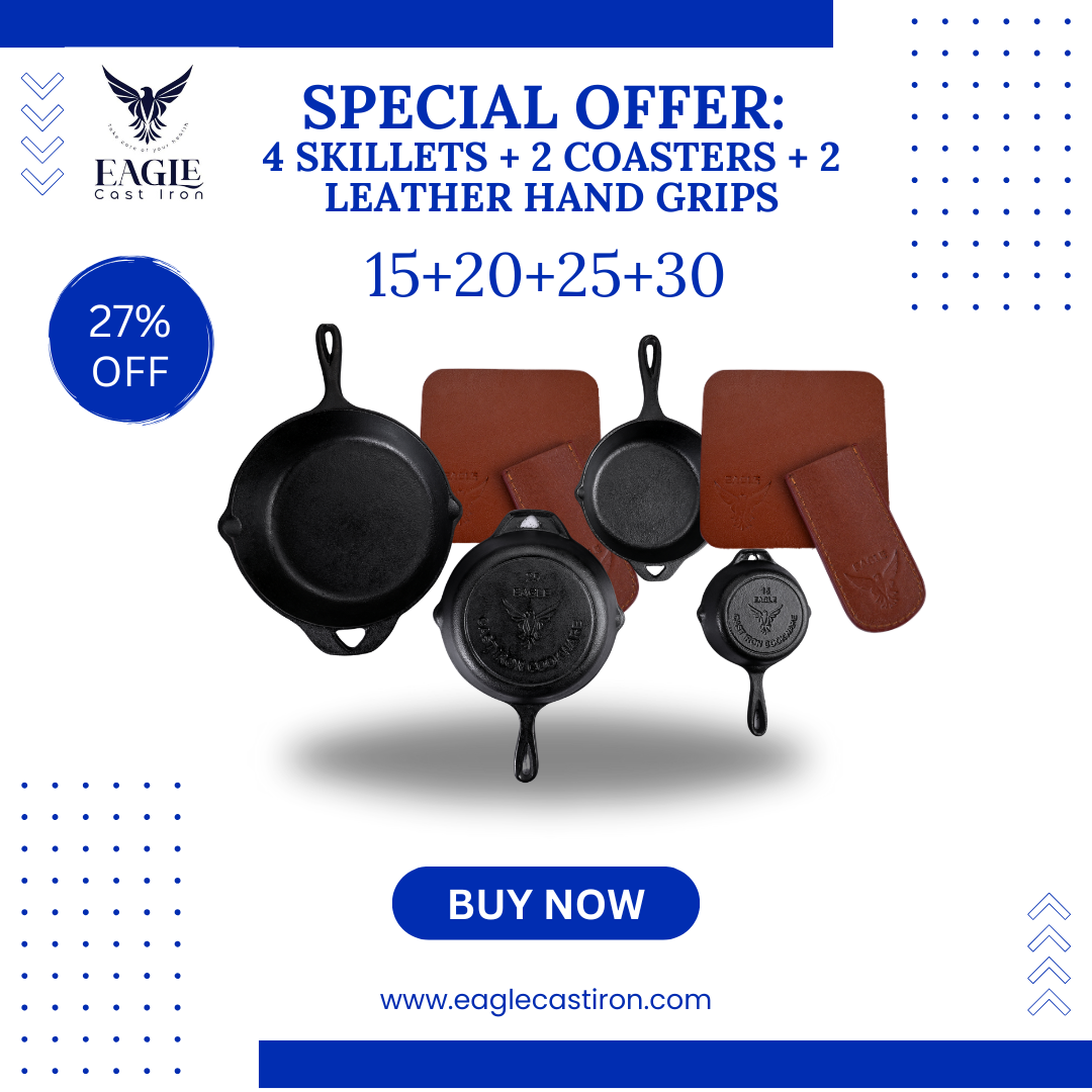 Cast Iron Pans Deals & Discounts: 4-Piece Set with Leather Handles & Coasters – 27% OFF