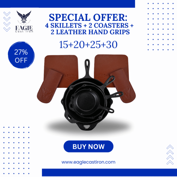 Cast Iron Skillet Set – 4 Pieces with 2 Leather Handles and 2 Leather Coasters – 27% OFF - Image 2