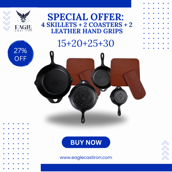 Cast Iron Skillet Set – 4 Pieces with 2 Leather Handles and 2 Leather Coasters – 27% OFF