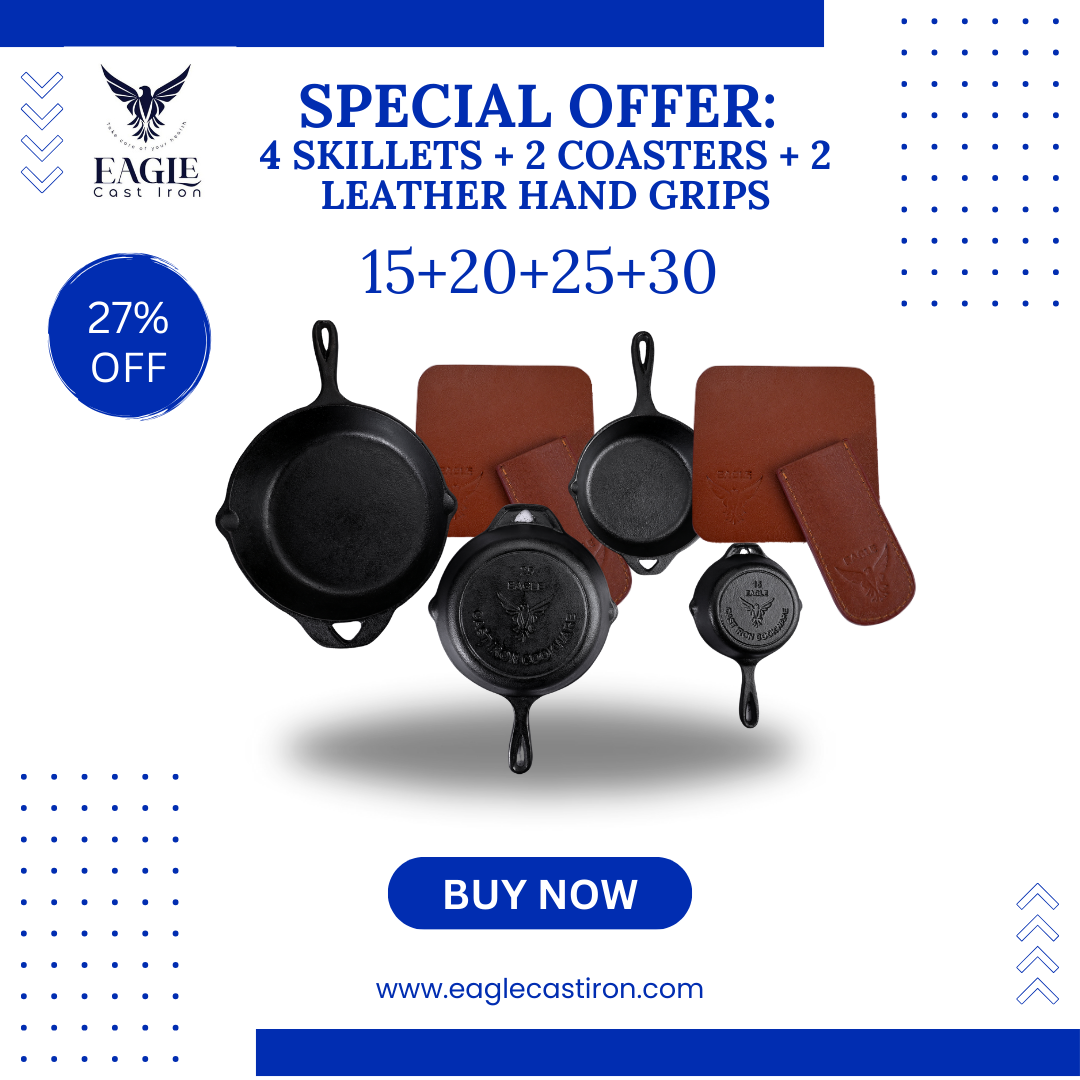 Cast Iron Skillet Set – 4 Pieces with 2 Leather Handles and 2 Leather Coasters – 27% OFF