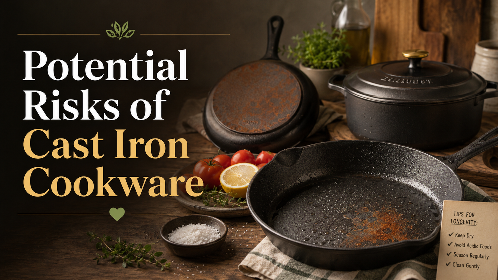 Potential risks of cast iron cookware including rust, acidic foods, iron transfer, and proper care tips