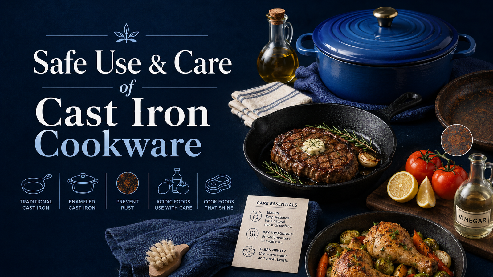 Safe use and care of cast iron cookware with seasoning, drying, rust prevention, acidic foods, and best foods to cook