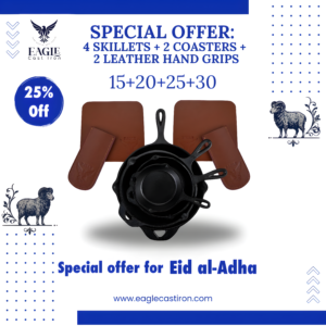 Cast Iron Skillet Set (15 + 20 + 25 + 30 cm) + 2 Leather Handle Grips + 2 Leather Coasters