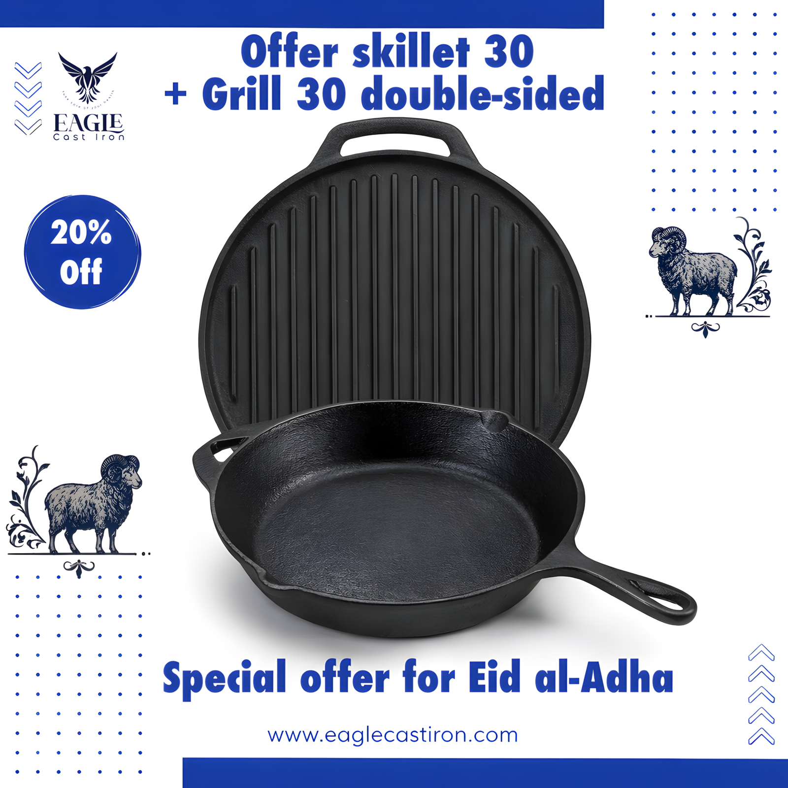 Cast Iron Skillet 30 cm + Double-Sided Round Grill 30 cm