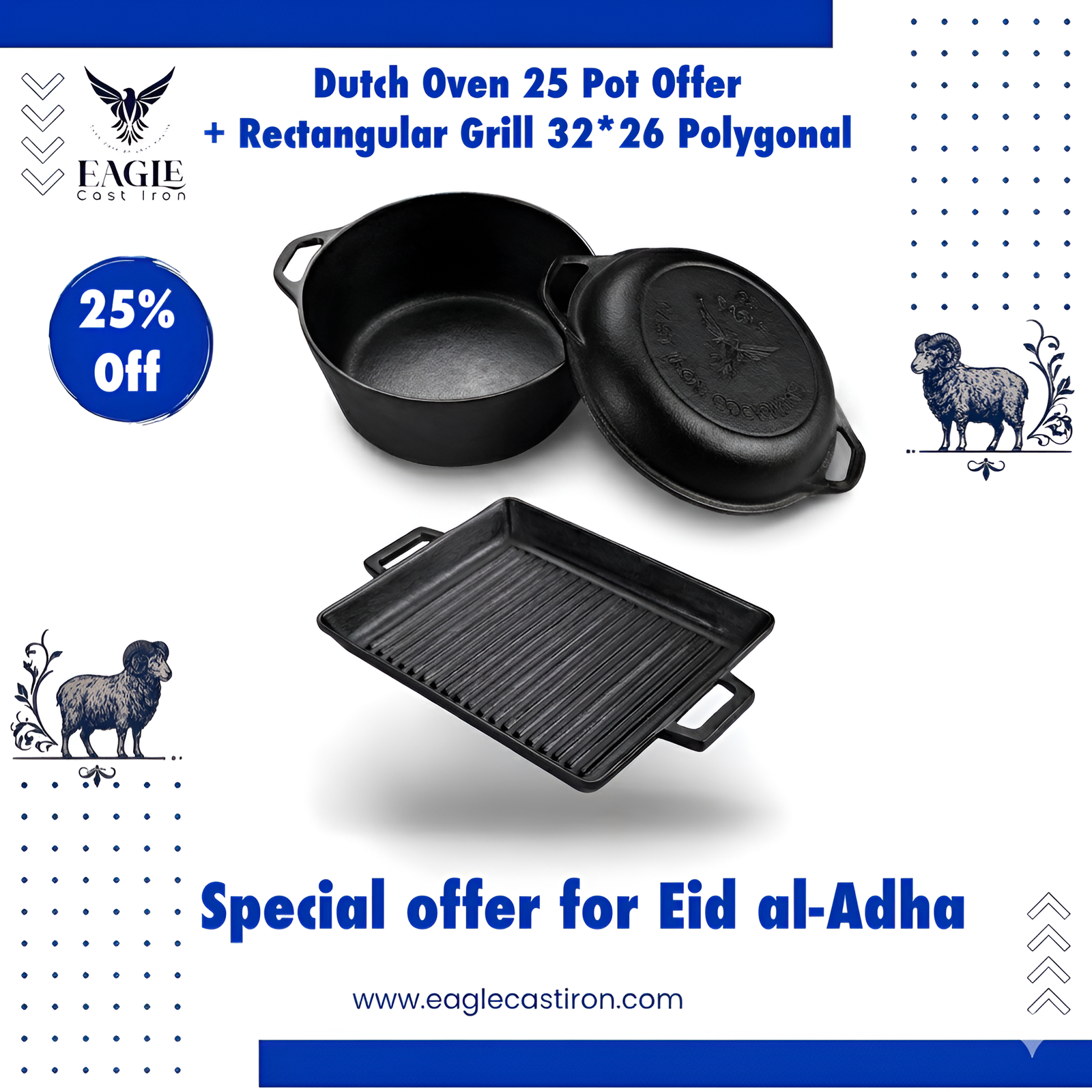 Eagle Cast Iron Eid Offer – Dutch Oven 25 cm + Ribbed Grill 32×26 cm