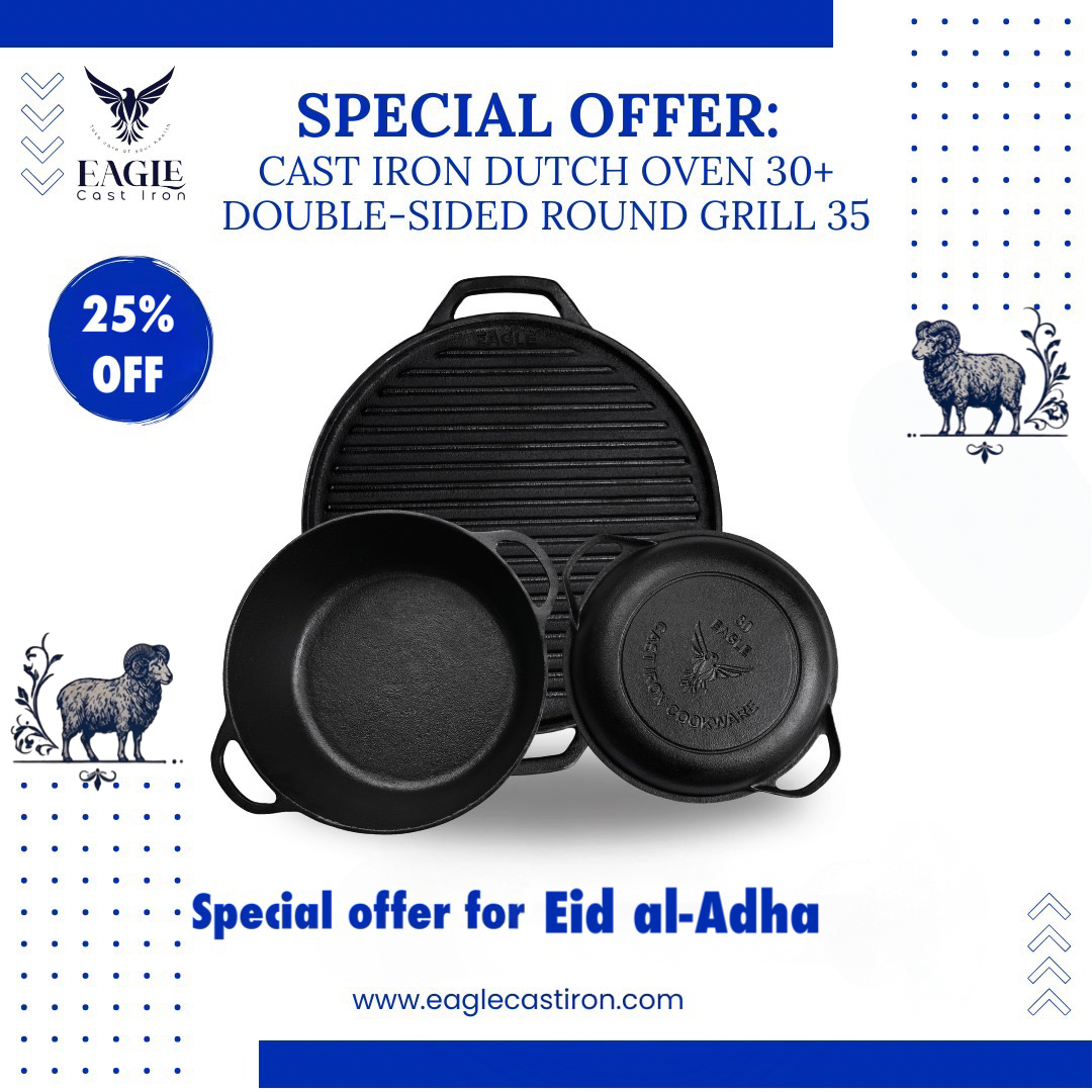 Cast Iron Dutch Oven 30 cm with Skillet Lid + Double-Sided Round Grill 35 cm