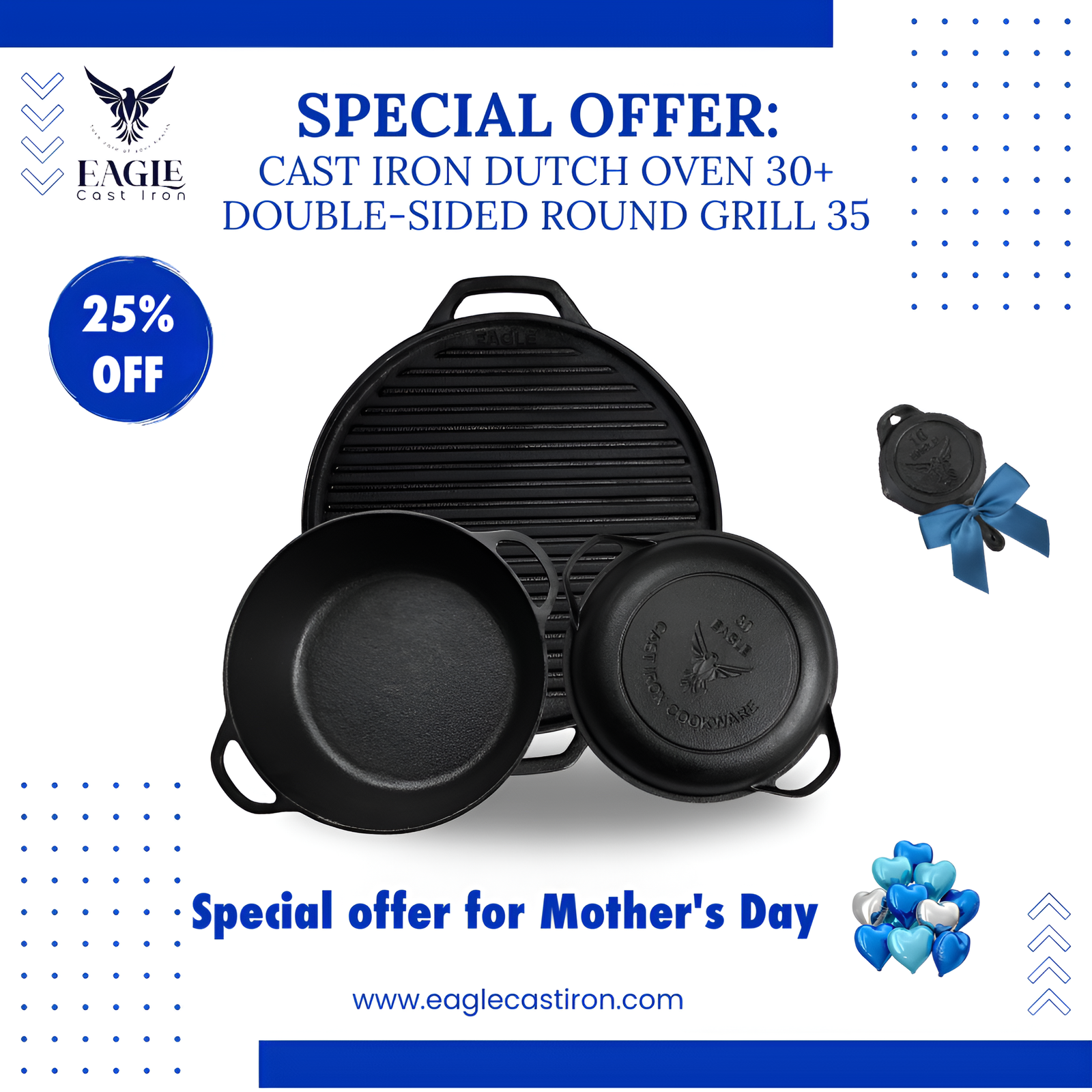 Cast Iron Dutch Oven 30 cm with Skillet Lid + Double-Sided Round Grill 35 cm