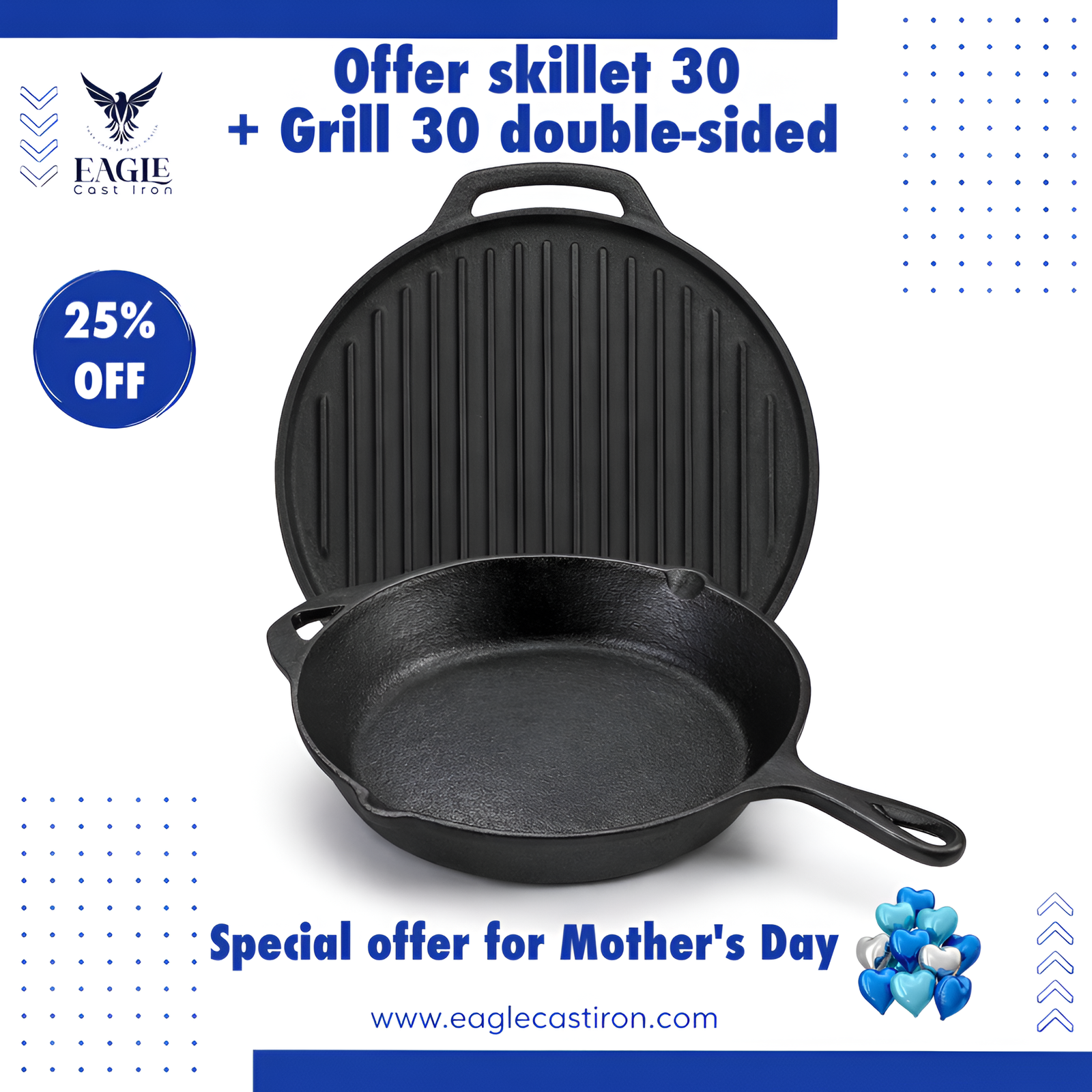 Cast Iron Skillet 30 cm + Double-Sided Round Grill 30 cm
