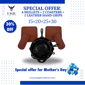 Cast Iron Skillet Set (15 + 20 + 25 + 30 cm) + 2 Leather Handle Grips + 2 Leather Coasters