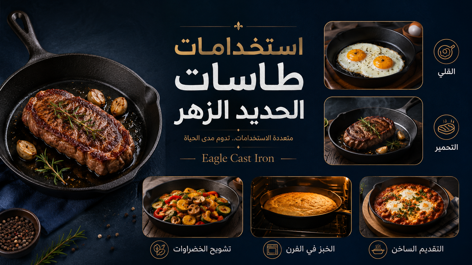 استخدامات طاسات الحديد الزهر من Eagle Cast Iron في القلي والتحمير والخبز والتقديم الساخن
